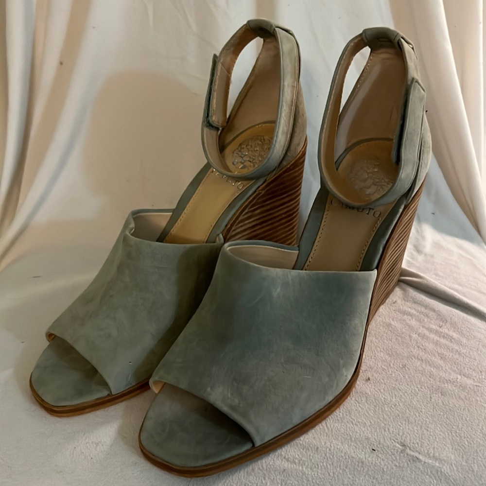 Sage green suede wedges Velcro strap Vince Camuto